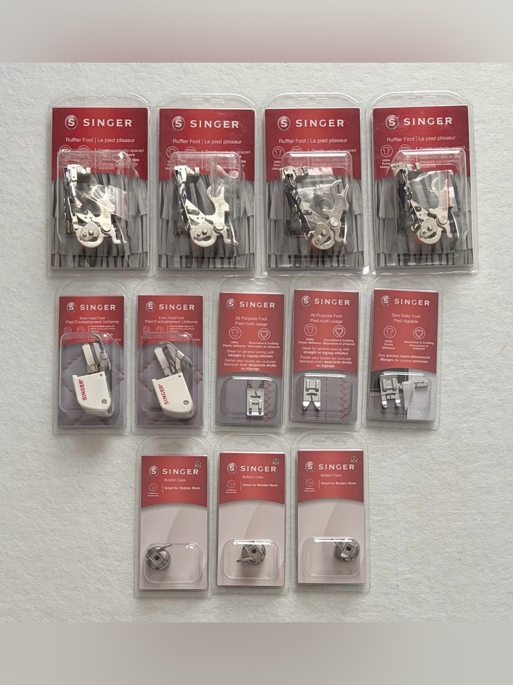 Singer Sewing Machine Accessories Lot 12 Ruffler Even Feed Foot Bobbin Case New
